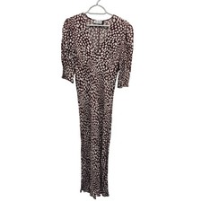 RIXO Zadie Dress Womens 10 Brown Animal Spot Maxi 3/4 Sleeve V Neck Lined