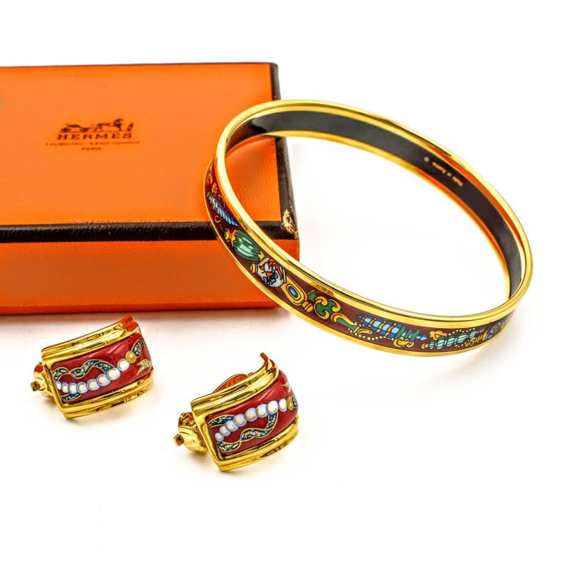 Vintage Hermes Seashell Enamel Narrow Bangle Clip On Earring Lot of 2 #M1543-5