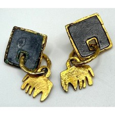 Mixed Metal Bear Dangle Earrings 2" Drop Gold Silver Tone Artisan Style