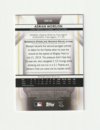 2020 Bowman Sterling Red Refractor Adrian Morejon RC Rookie Card # 1/5 Bookend - Picture 2 of 2