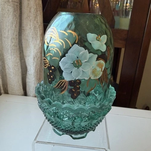 Fenton Green Art Glass Hand Painted Fairy Lamp Signed by A. Hurley
