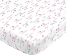 Super Soft Pink Llama Nursery Mini Crib Fitted Sheet, Pink, White, Green