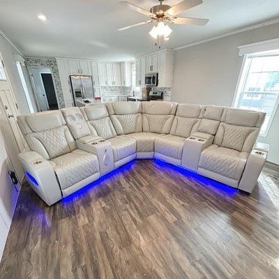 NEW 115'' Wide LED Power Recliner Adj Headrest Modern Sectional Beige BT Speaker