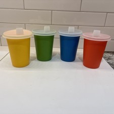 Lot Tupperware Bell 4 Cup Set Kids 7 oz Tumblers Sippy Primary Colors Lids 109