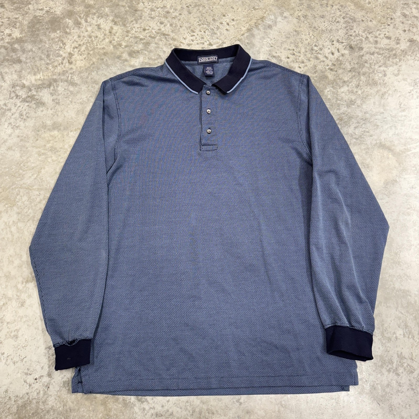 Vintage Lands' End Polo Shirt Mens Large Blue Geometric Long Sleeve Made USA 90s