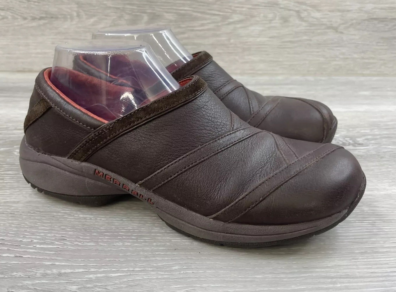 Merrell Primo Patch sandalo donna 8 5 pelle marrone comodo slip on zoccoli scarpe