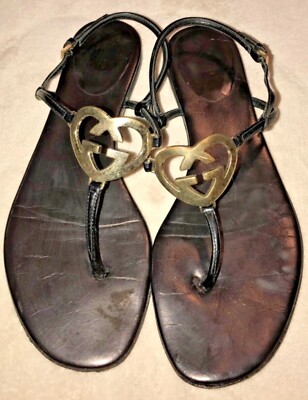 Authentic Gucci Black Leather GG Interlocking HEART Thong