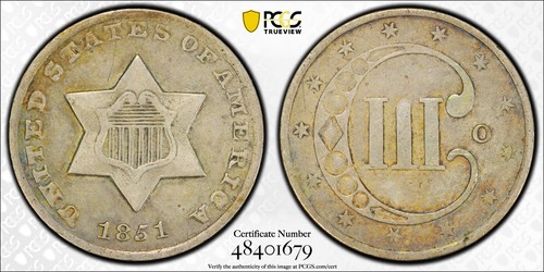 1851-O Three Cent Silver PCGS XF-40 - Picture 2 of 2
