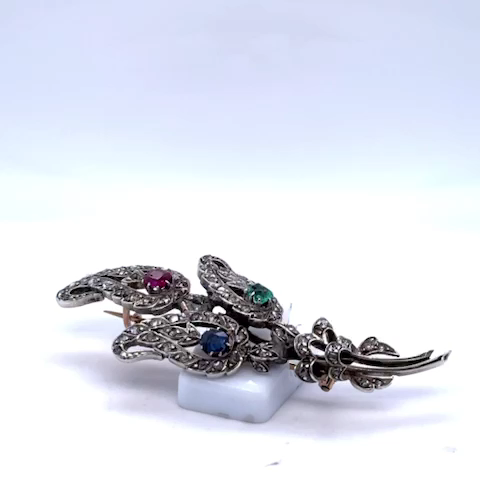 14K 585 Gold Silber Brosche Smaragd Saphir Rubin 78 Diamant Floral