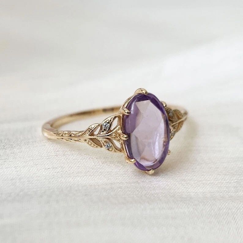 Antique Oval Cut Amethyst 14K Yellow Gold Plated Silver Art Deco Engagement Ring - Image 4 of 4