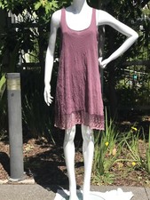 Plum Brick Sleeveless Crinkle Stretch Short Dress with Lace Lower Hem S-M
