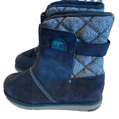 Sorel Womens 8/Youth 6 Navy Suede Leather Gray Knit Waterproof Winter Snow Boots