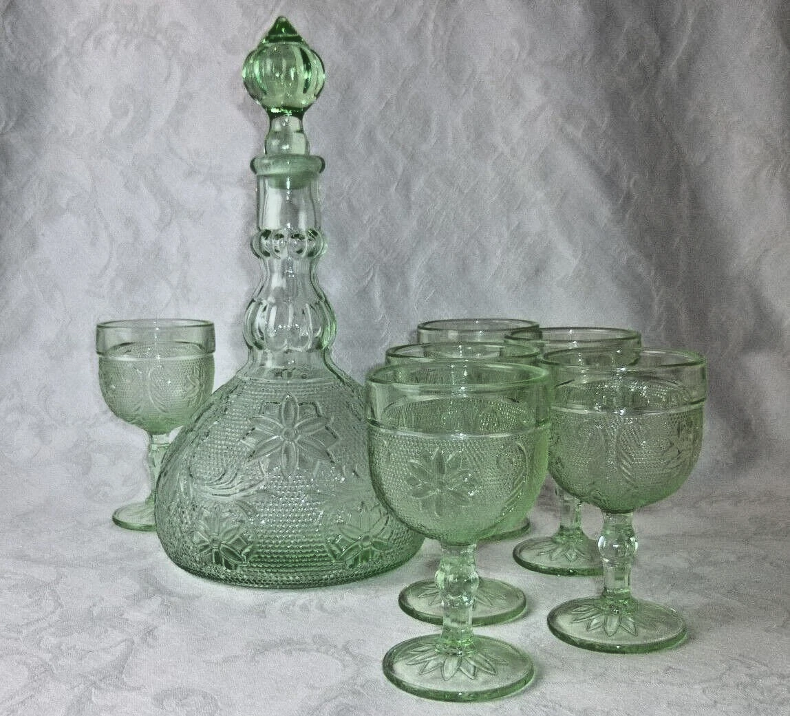 Indiana Glass wine carafe & glasses "Sandwich" pattern green