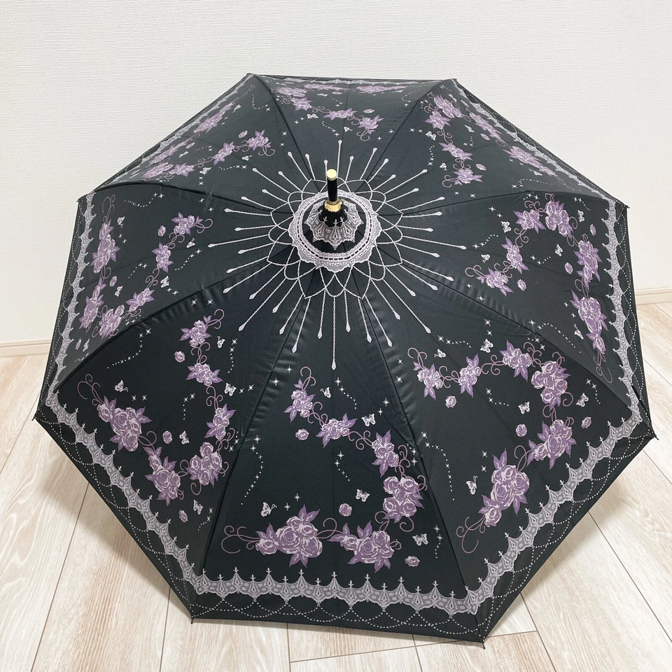 Hachas Mujer Plegable Paraguas Floral Flor Negro Lolita Kawaii Lindo Usado Japón Foto 2 de 4