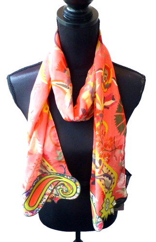 Etro Scarf Peach Colorful Print Scalloped Edges Oblong Silk 33 NWT - Picture 3 of 11