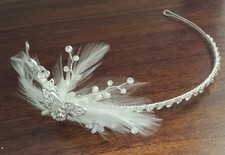Wedding Headband - silver with rhinestones/pearls  a feather accent