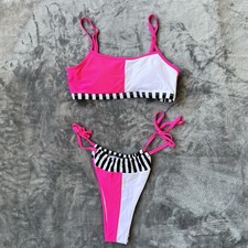 ReeBees Swimwear Hot Pink Neon Tie High Waisted Cheeky Bikini Size Medium 