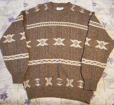 United Colors Of Benetton Sweater Men L Large Brown Geometric Pullover Knit Wool