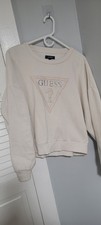 Guess Rhinestone Ponie Hair Logo Medium Fleece Sweatshirt Cream-White Cropped