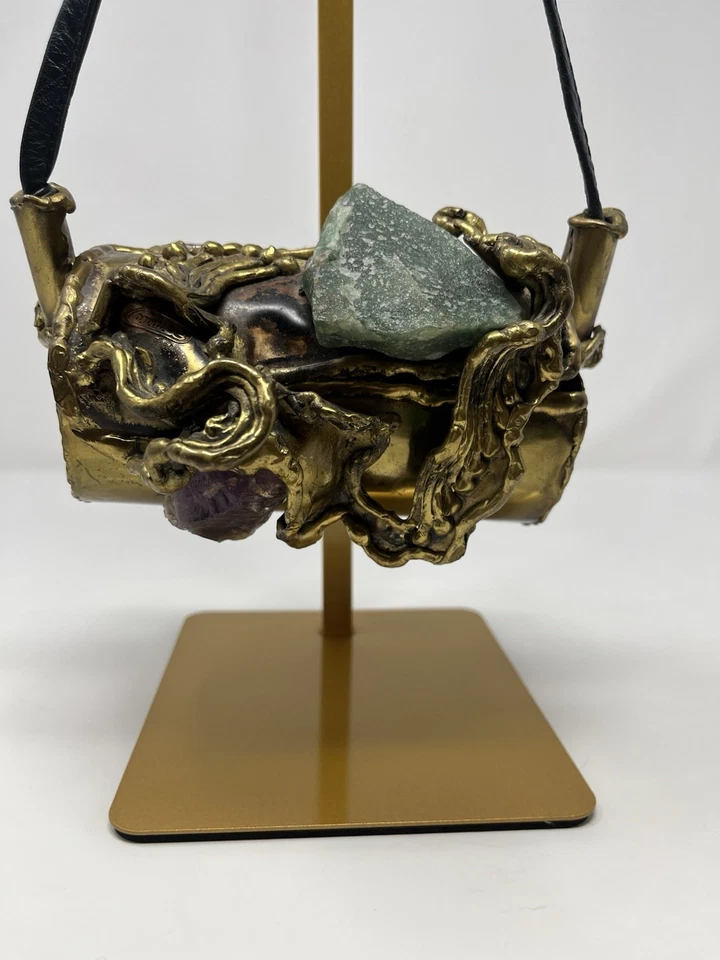 Signed Rare Brutalist Carvalhus Rio Copa Brass Artisan Purse Huge Natural Stones - Image 3 of 4