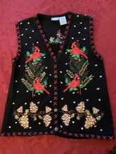 VTG BOBBIE BROOKS Women’s X-Large Black Holiday Cardinal Beaded Appliqué Vest