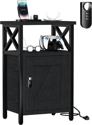 Wooden Nightstand with Lock and Charging Station, Bedside Table with Drawers and