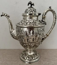 EARLY KIRK STERLING HAND CHASED ARCHITECTURAL LANDSCAPE CASTLE REPOUSSE POT 1850