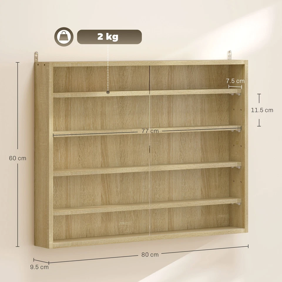 HOMCOM 5-Tier Wall Display Shelf Unit Cabinet w/ Shelves Glass Doors Oak - Image 3 of 4