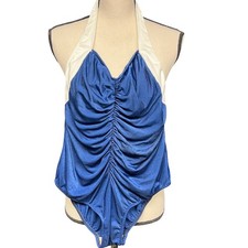 Vintage deadstock women's swimsuit sz 14 bust 36 ruched blue white halter