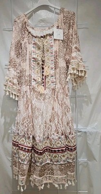 Hippi Bohemian Spitzenkleid mit Unterstoff Beige bis Gr. 48/50