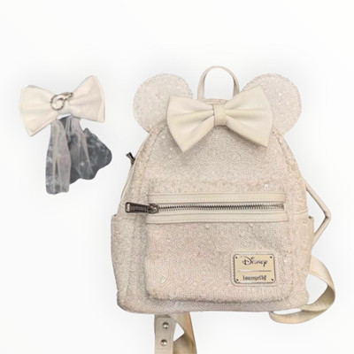 Loungefly Disney Mickey Mouse White Sequin Mini Backpack with Bow
