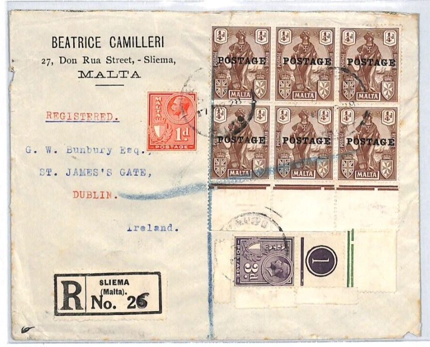 MALTA KGV 3d *PLATE NUMBER* Cover FARTHING BLOCK{6} Reg Sliema 1928 Dublin XC32 - Image 3 of 4