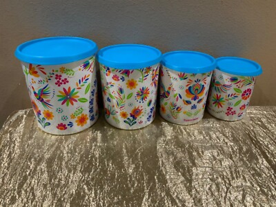 Tupperware Beautiful Colorful New Set of 4 Canisters Hummingbird & Phoenix Theme