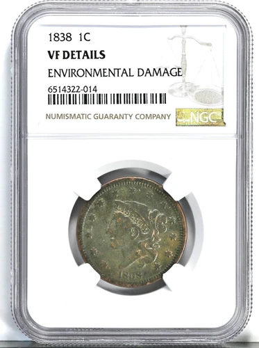 1838 1C CORONET HEAD CENT COIN NGC VF DETAILS (ENVIRONMENTAL DAMAGE) UNIQUE COIN