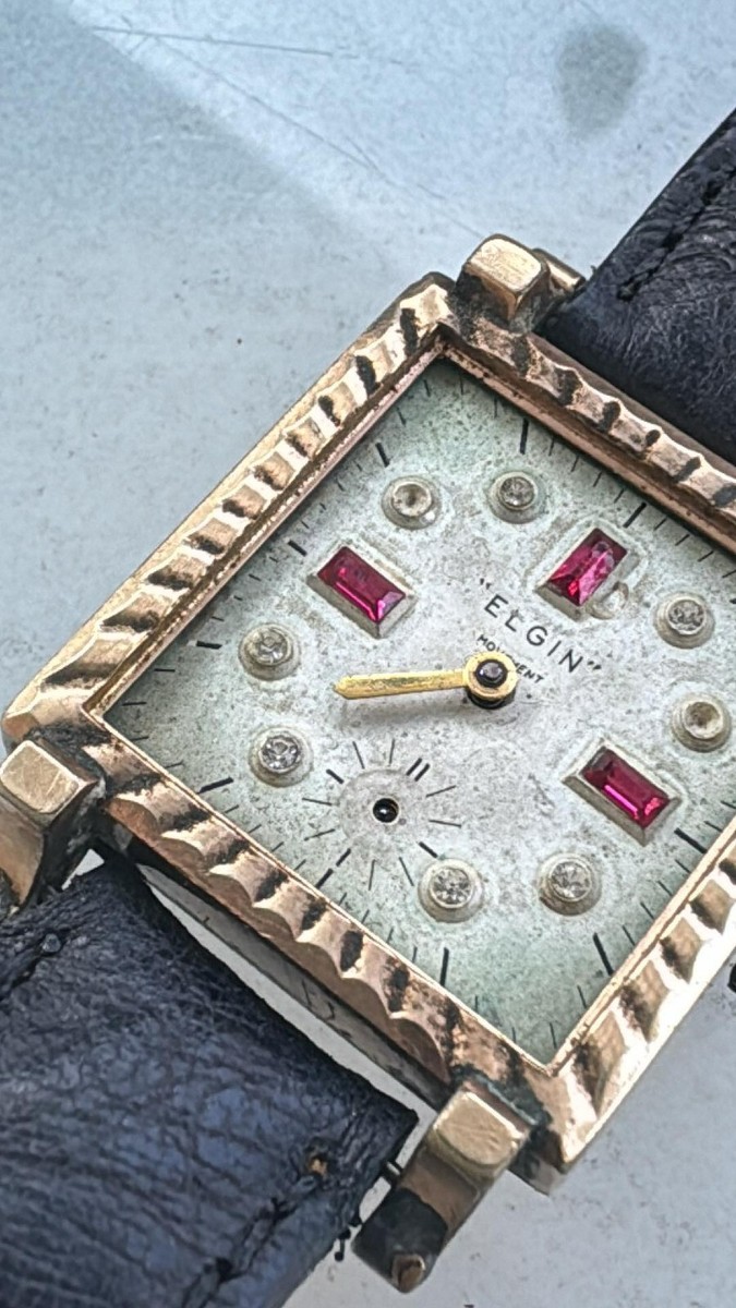 Mens GT Vintage Elgin 1950's watch w/ ruby & rhinestone dial