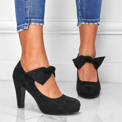 New Women's Mary Jane Cute Sweet Bow Plus Size Chunky Heel