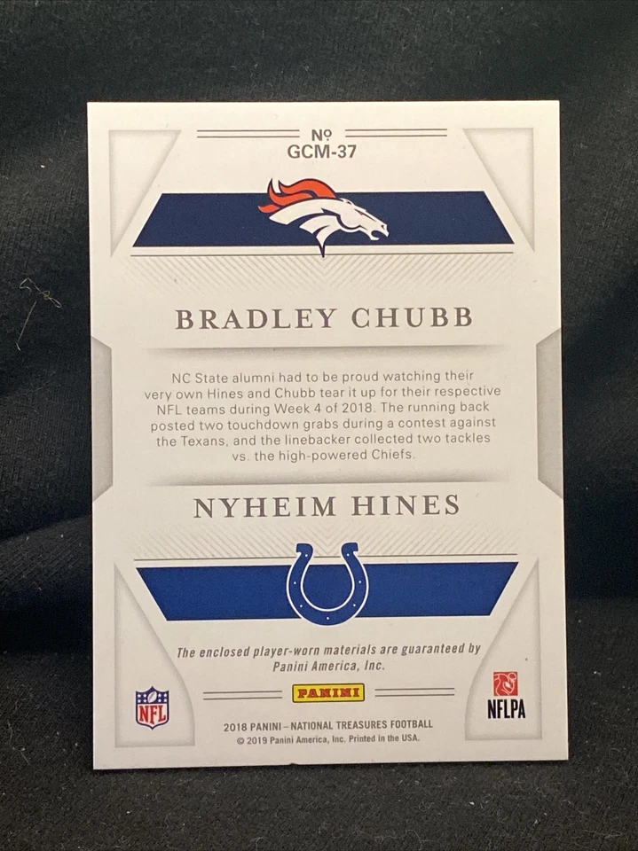 2018 Panini National Treasure NFL Gear Combo Bradley Chubb & Nyheim Hines /99 - Image 2 of 3