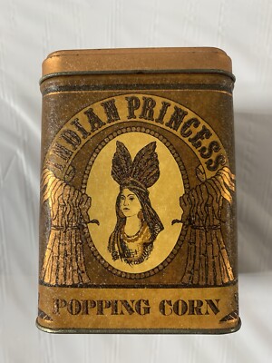 VTG Tin INDIAN PRINCESS Popping Corn Empty Can Scotts Co Sun Collectible 20 OZ