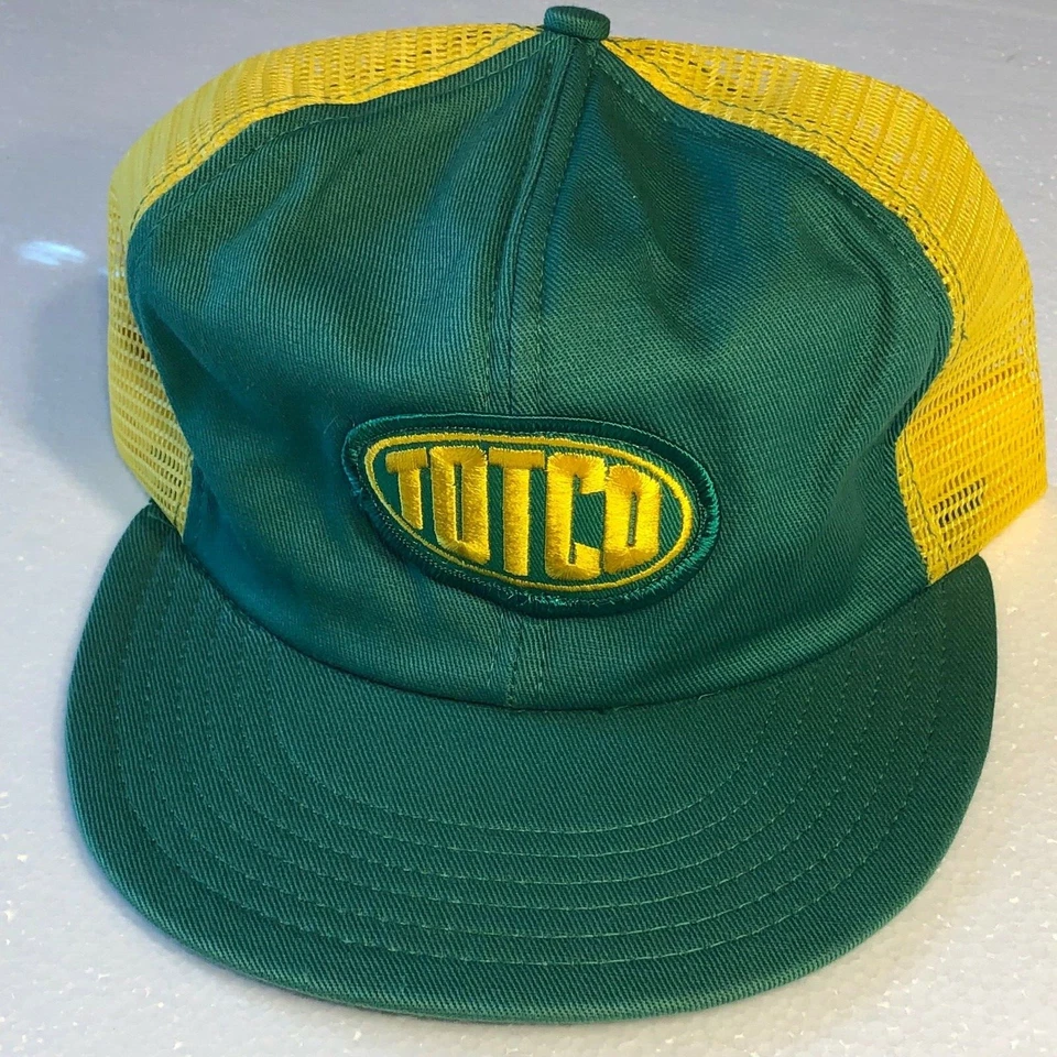 De Colección Años 70 80 TOTCO CUELLO ÁSPERO Malla CAMIONERO Sombrero Amarillo Verde Snapback Gorra CUELLO ROJO  Foto 2 de 4