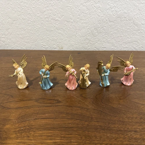 Retro Set Of 6 Plastic Pastel Gold Musician Angels Vintage Christmas Decor 3”