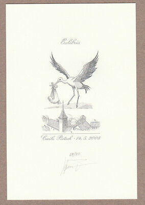 Exlibris - HEINZ TIRS - For Cecile Pietsch - Signed - C1- Stork / Birth