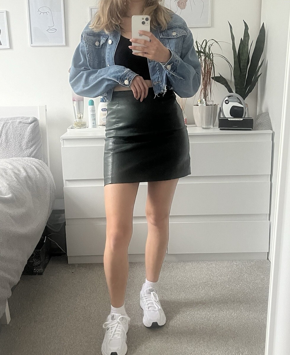 New Look Dark Green Faux Leather Zip Up A Line Mini Skirt Size