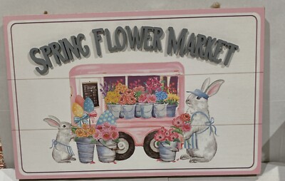 Ashland Wooden Spring Flower Market Sign Pink Easter Bunny Rabbit Decor