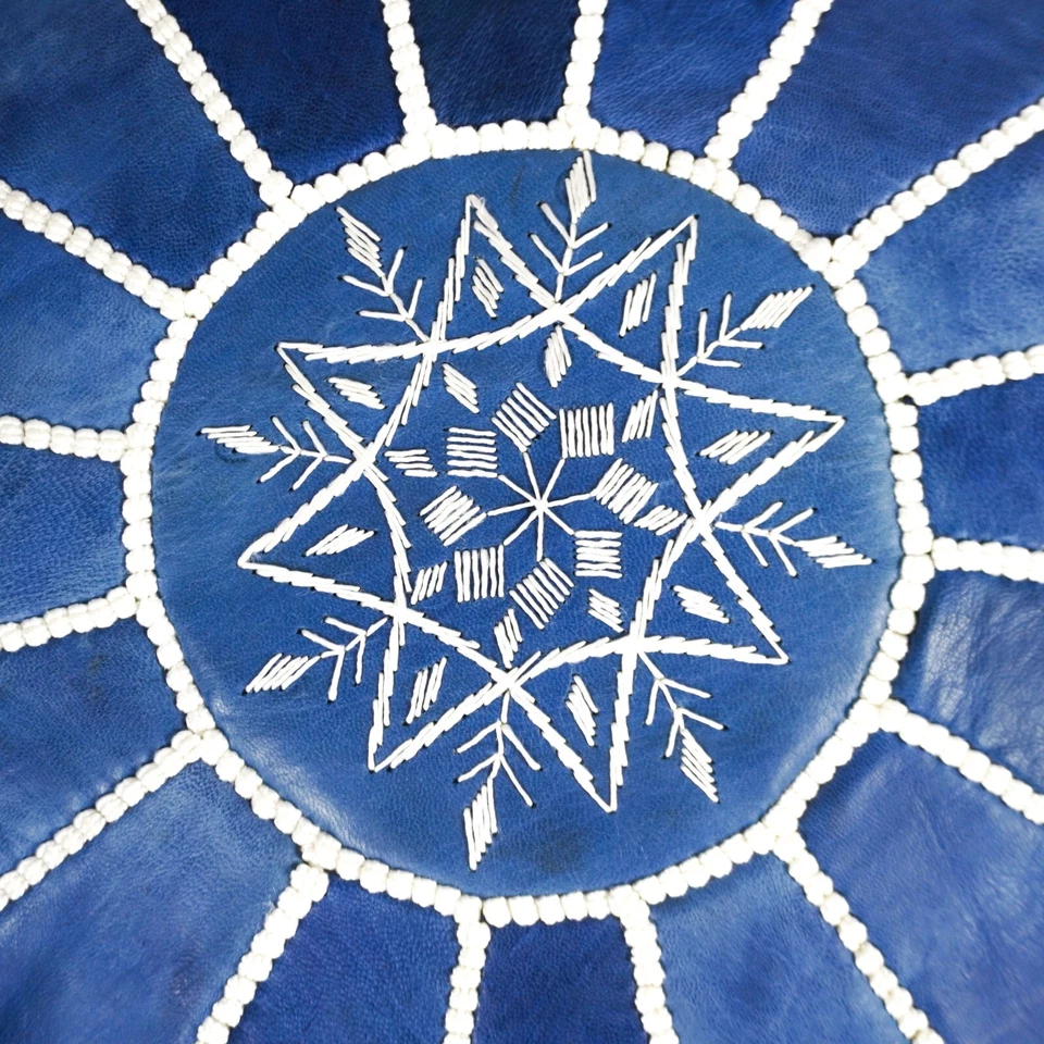 Синий марокканский кожаный пуф — табуретка для ног ручной работы оттоманка — первоклассная натуральная кожа - Изображение 2 из 4