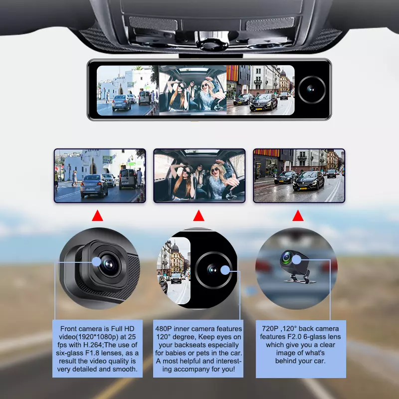 3 Cameras Android Dash Cam driver recorder camera rear view mirror for Uber  Taxi