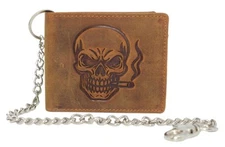 MARSHAL Genuine Leather Smoking Skull Chain Wallet for Men – RFID Blocking...