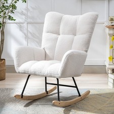 Teddy Wingback Glider Rocker, Nursing Chair Side Pocket Wood Base Nursery White