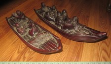 vintage Asian wood hand carved Buddhas smiling in boats appr. 19" signed