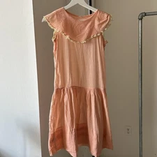 1920s 1930s Peach Pink Linen Bib Collar Drop Waist Depression Era Dress