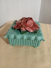 VTG Johannes Brahm Applied Roses, Blue-Green Vanity Trinket Box, Ca Pottery